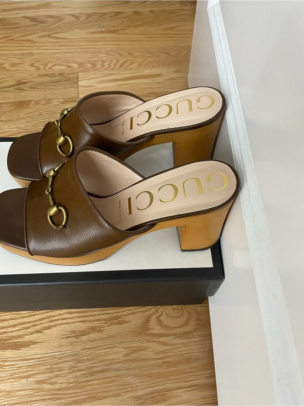 Gucci Brown Leather Gold Horsebit Platform Mules